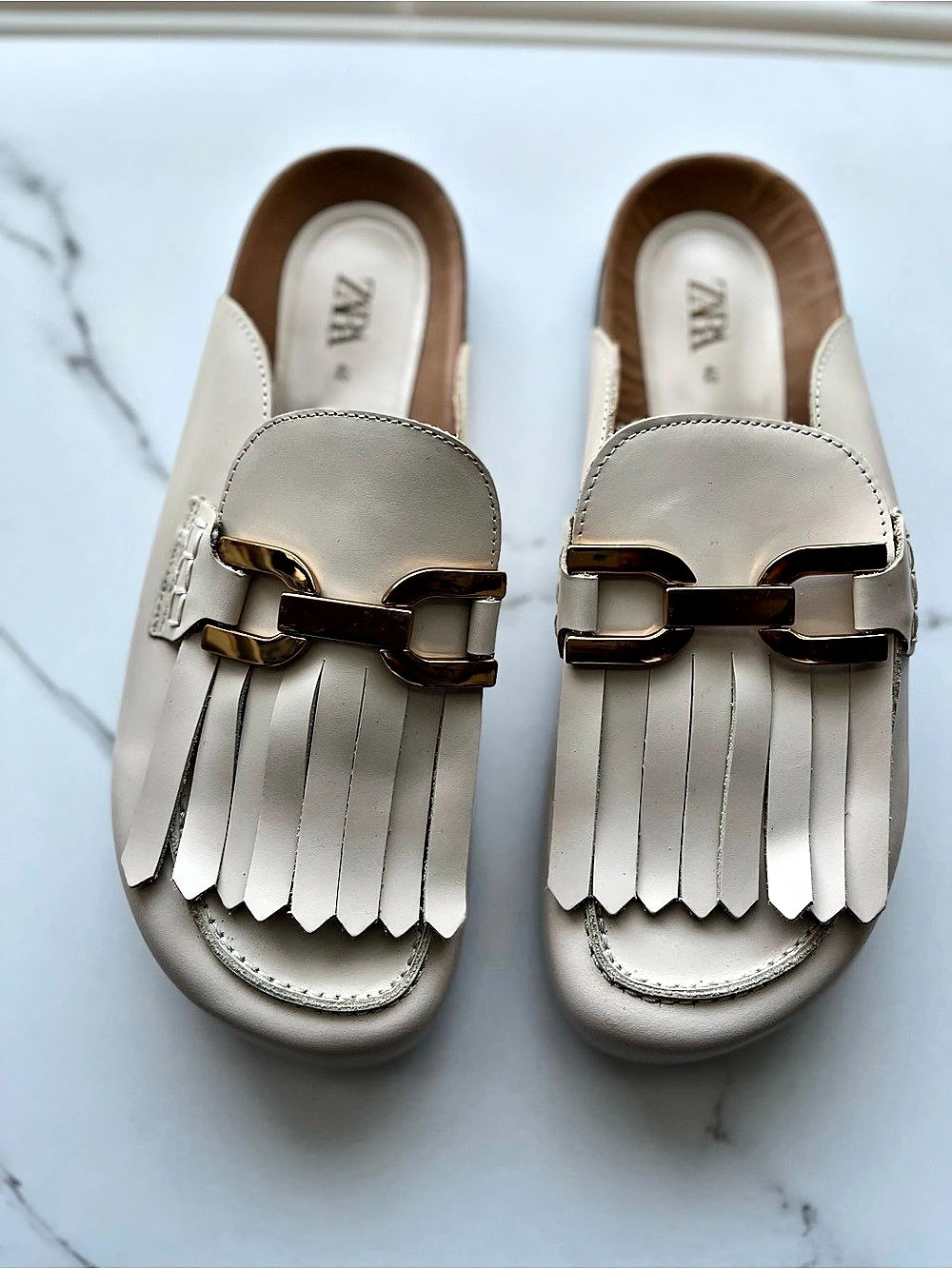 ZARA Fringe Chain Mules in Beige Like New